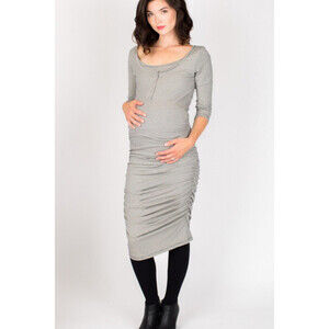 NOM Maternity 3/4 Sleeve Snap Dress In Grey Charcoal Microstripe Size M